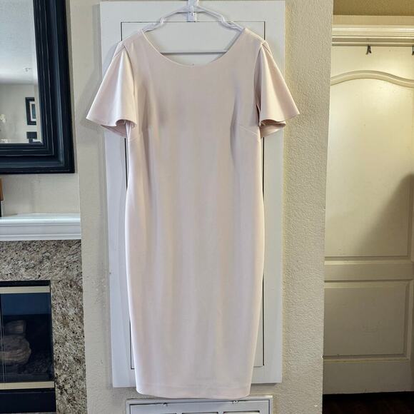 Calvin Klein Pink Ruffle V Back Flutter Sleeve Boat Neck Sheath Dress Sz 14 - Picture 5 of 10